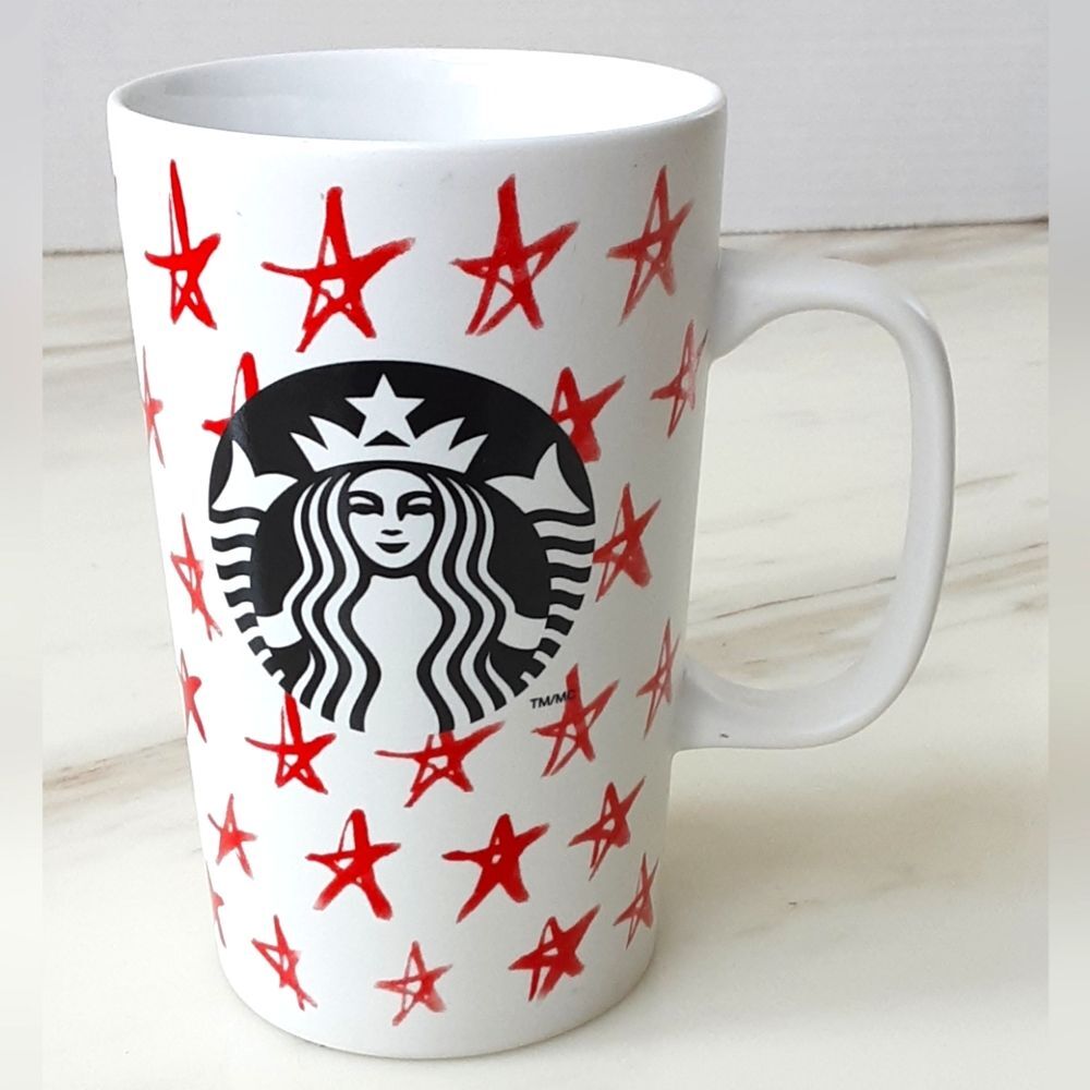 STARBUCKS 2014 Red Stars Black Siren Mermaid Logo Tall Coffee Cup Mug 16 oz